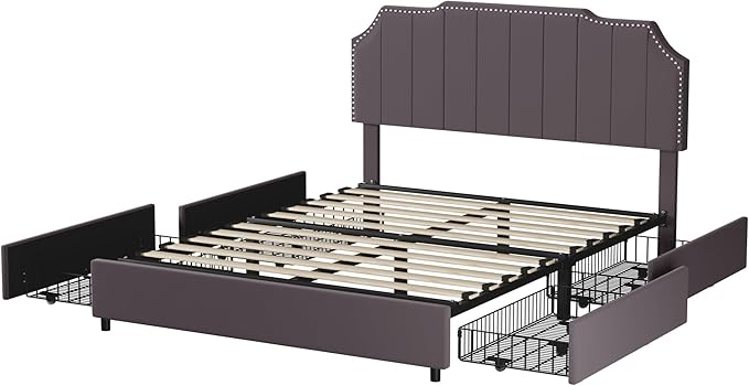 VECELO Queen Upholstered Platform Bed Frame with 4 Storage Drawers,Velvet Vintage Queen Bed with Nailhead Trim,Tufted Height Adjustable Headboard,Wooden Slats/No Box Spring Needed/Easy Assembly