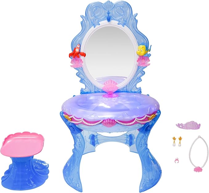 Disney Princess Ariel Vanity for Girls with Lights & Sounds, Plays "Under The Sea" - Magical Light Up Effect Looks Just Like Water! Pretend Play Girls Vanity Set with Mirror and Stool