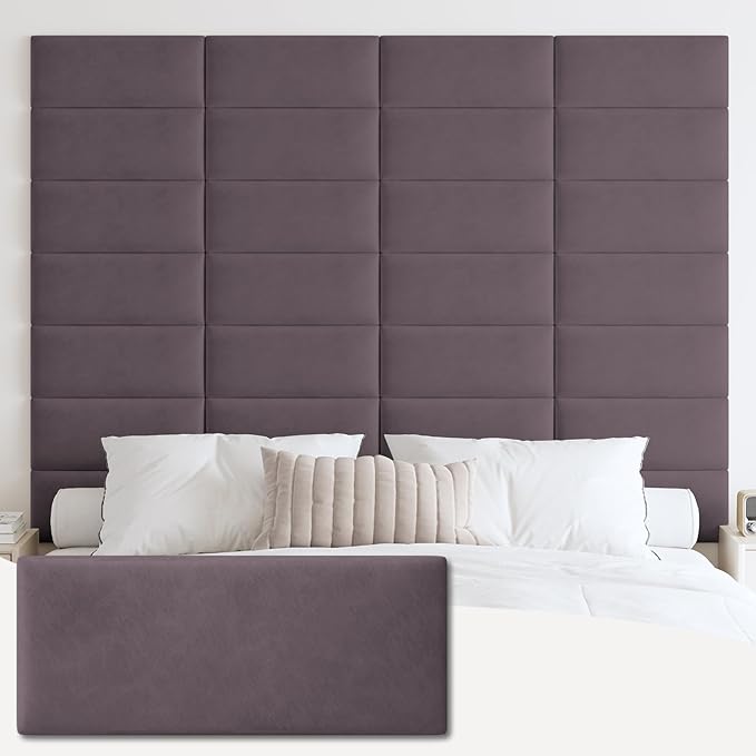 IFNOW Wall Mounted Upholstered Headboard King, 3D Peel and Stick Soundproof Panels, Reusable and Removable Padded Leather Bed Headboard, 12 Panels 9.84" x 23.62", Dark Purple