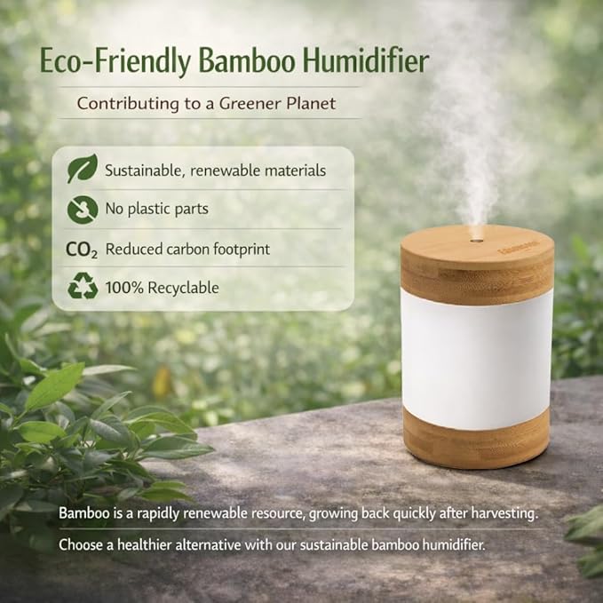Bamboo Cool Mist Humidifier with Phone Stand, 400ml Ultrasonic Mini Humidifier, Quiet Desktop with Dual LED Night Light, USB-C Portable, Auto Shut-Off for Bedroom, Office, Travel