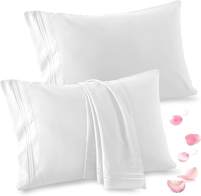 Vonty 2 Pack Queen Pillow Cases - 20x30 Inch, 1800 Thread Count Microfiber Pillowcases Queen Size White Pillow Cases Luxury & Soft Embroidered Bed Pillow Covers with Envelope Closure