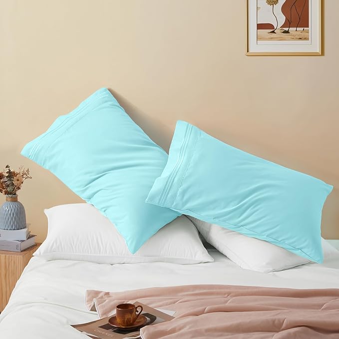 Vonty 2 Pack King Pillow Cases - 20x40 Inch, 1800 Thread Count Microfiber Pillowcases King Size Aqua Blue Pillow Cases Luxury & Soft Embroidered Bed Pillow Covers with Envelope Closure