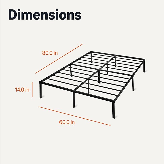 Amazon Basics Metal Bed Frame, Non-Foldable Platform with Under-Bed Storage Space, Durable Steel, Protective Floor Pads, Easy Assembly, Queen, 60W x 80L in, Black