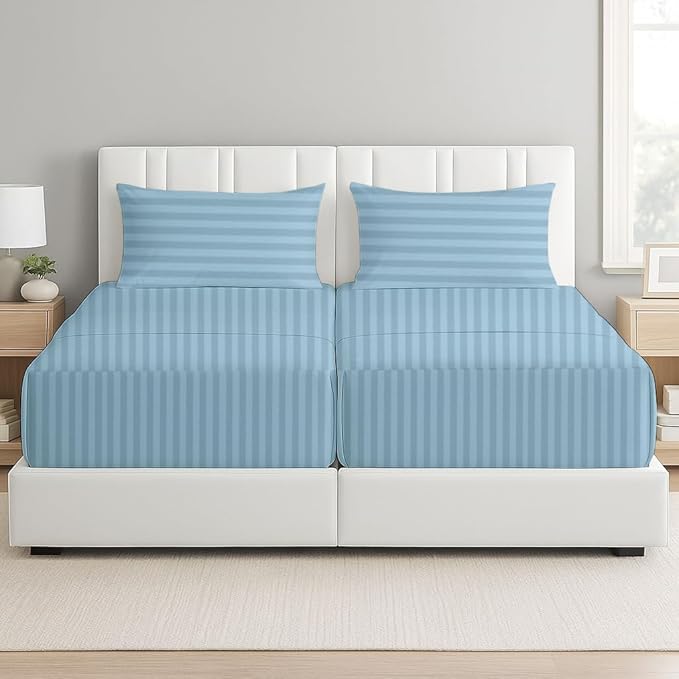 5 Piece Split Cal King Sheet Set, 100% Egyptian Cotton, 16 Inch Deep Pockets, Light Blue Stripe, Soft Cooling Sheets for Adjustable Beds, Sleep Number Beds, Split Cal King Mattress Sheet Set