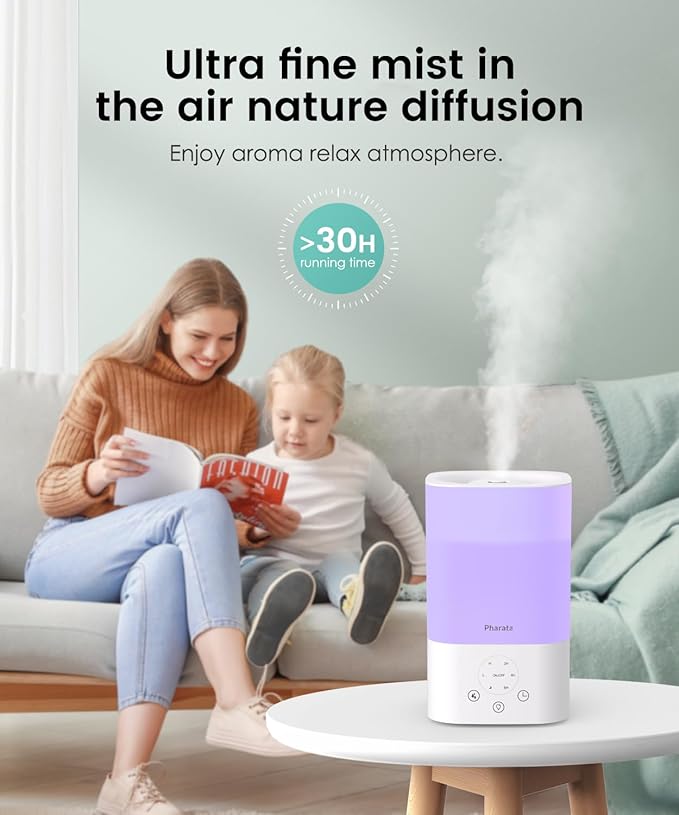 Pharata Humidifiers for Bedroom Home, 3.5L Top Fill Air Cool Mist Humidifiers for Baby Large Room Indoor Plants Nursery, Night Light, White