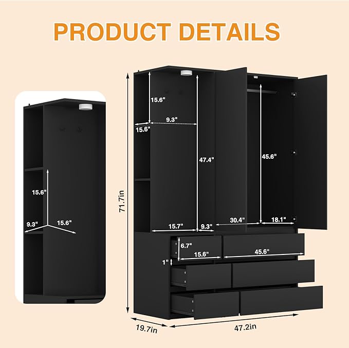 Armoire Wardrobe Closet with Mirror Door and LED Light, Bedroom Armoire with 6 Drawers, Modern Wooden Large Wardrobe Closet with Shelves, Wooden Armoire with Hanging Rod for Bedroom(Black)