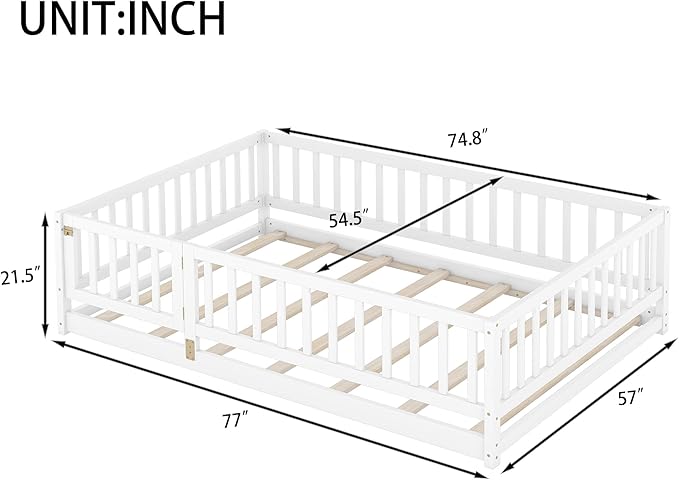 Bellemave Twin Size Montessori Floor Bed with 21.5" High Rails and Slats, Pine,Plywood Floor Bed with Small Door, Natural