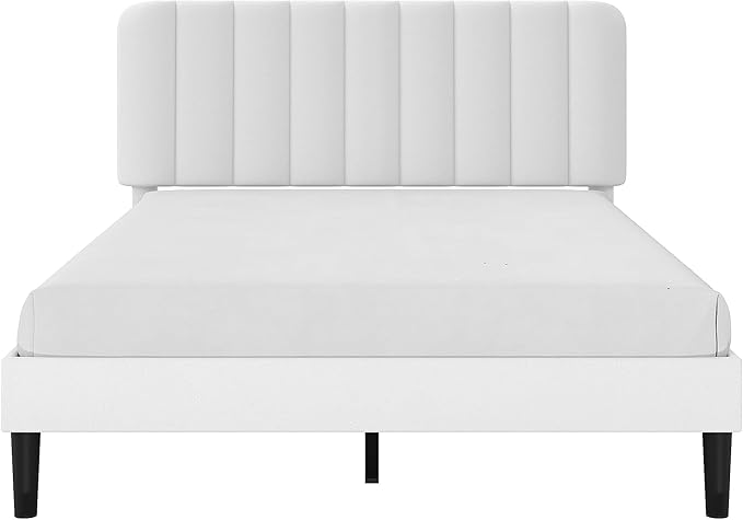 VECELO Full Size Bed Frame with Upholstered Headboard, Velvet Platform Bedframe Mattress Foundation, Strong Wood Slat Support, No Box Spring Needed,White