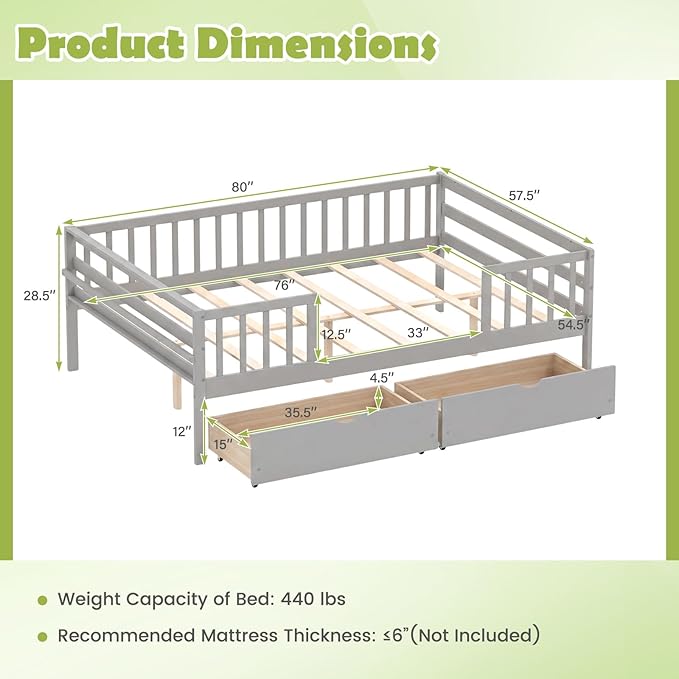 Giantex Full Kids Bed with Storage Drawers, Wood Montessori Bed with Rails & Side Shelf, Low Daybed Bed Frame for Boys Girls, No Box Spring Needed (Grey)