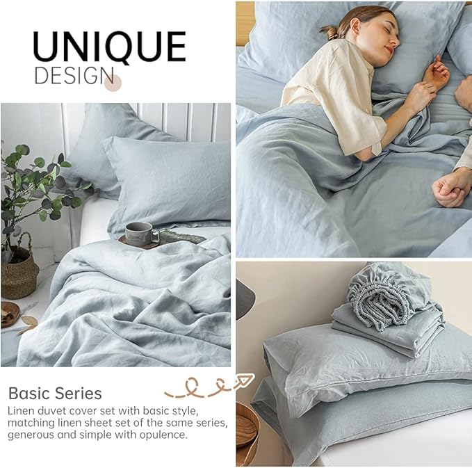 Simple&Opulence 100% Linen Duvet Cover Set 3pcs Basic Style Natural French Washed Flax Solid Color Soft Breathable Farmhouse Bedding with Button Closure - Dusty Blue, King