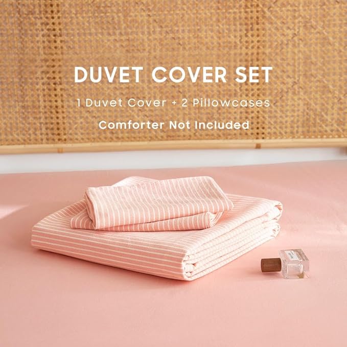 Wake In Cloud - Striped Cotton Duvet Cover Set, 100% Washed Cotton Textured Percale Bedding Set, Ticking Stripe Pinstripe Farmhouse, 3 Pieces, Light Pink, Queen Size