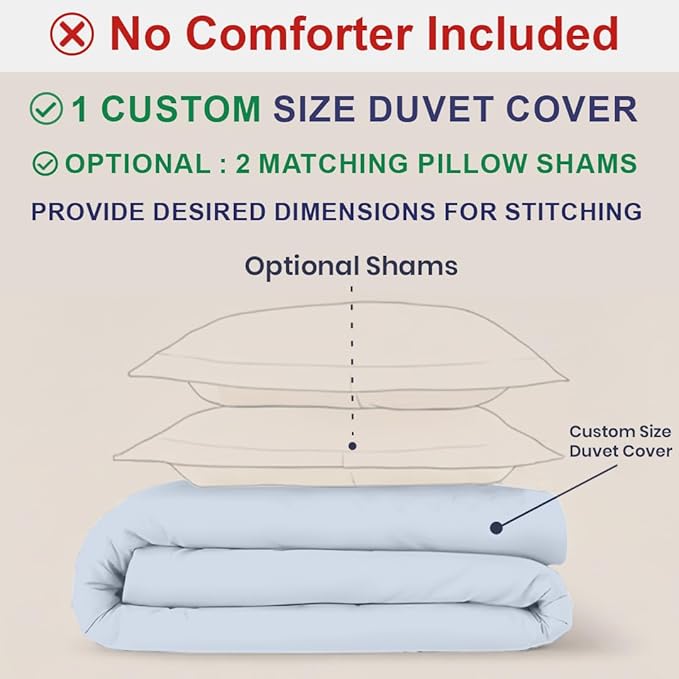 Kotton Culture Custom Duvet Cover - 100% Egyptian Cotton 600 Thread Count Soft Breathable Durable Customizable Comforter Cover(Desired Dimensions)- Zipper Closure & 7 Internal Ties - Sky Blue