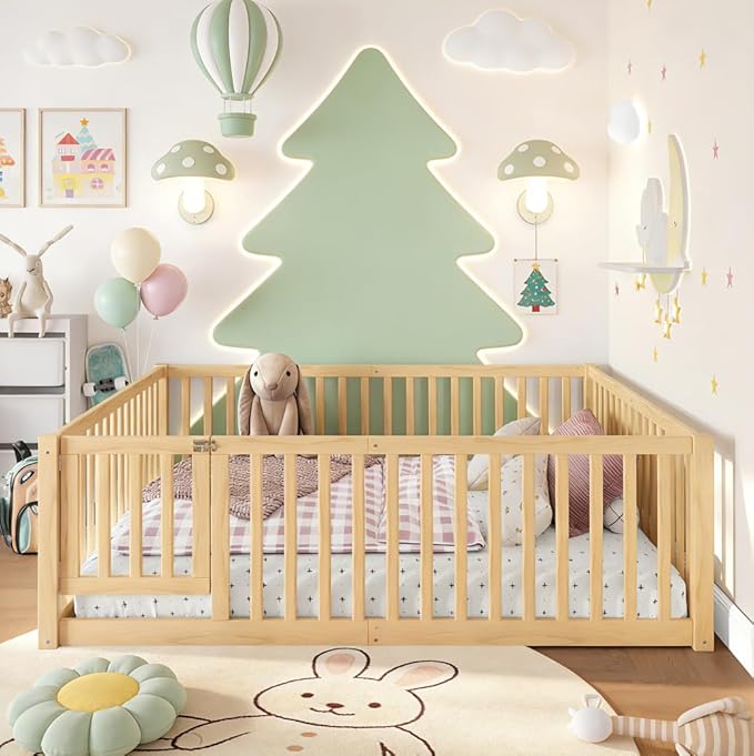 Bellemave Full Montessori Floor Bed with 23.5" High Rails, Pine,Plywood Full Floor Bed with Small Door, Natural