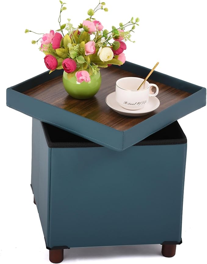 Dorriss Storage Ottoman, Ottoman with Storage for Living Room Ottoman Square Tray Bedroom Cube Foot Rest Stool with Legs Small Ottomans Coffee Table Lid Foldable Footstool Faxu Leather 15"
