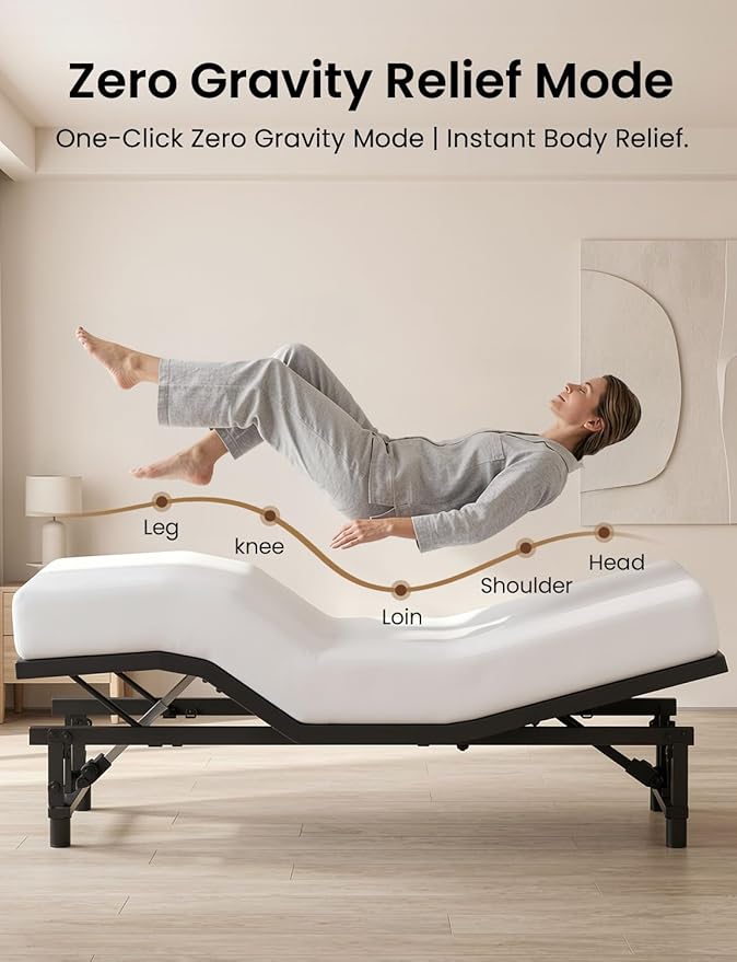 King Size Adjustable Bed Frame with Wireless Remote, Zero Gravity & Head & Foot Incline, Heavy-Duty Steel Frame, Whisper-Quiet Motor, Easy Installation (79" L x 74" W x 12.72" H), Black