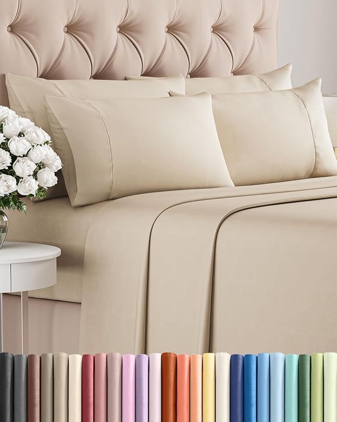 Full 6 Piece Sheet Set - Comfy, Breathable & Cooling - Soft Hotel Luxury Bedding for Women, Men, Kids, Teens & Children - 1 Flat & 1 Fitted Sheet & 4 Pillowcases w/ Deep Pockets - Wrinkle Free - Wheat