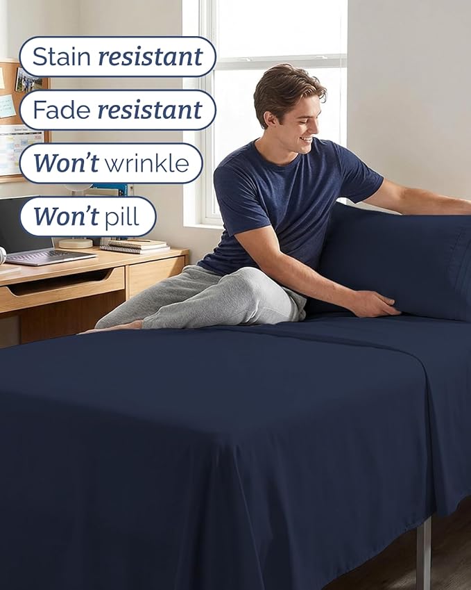 Twin XL 4 Piece Sheet Set - Comfy Breathable & Cooling - Hotel Luxury Bedding for Women, Men, Kids, Teens & Children - 1 Flat & 1 Fitted Sheet & 2 Pillowcases w/ Deep Pockets, Wrinkle Free - Navy Blue
