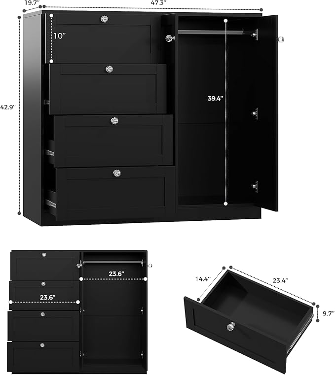 VOWNER Armoire Wardrobe Closet with 4 Drawers and 2 Doors, 43''H Clothing Storage Cabinet Dresser with Hanging Rod, Cothes Wardrobe for Bedroom, Baby Closet, Black