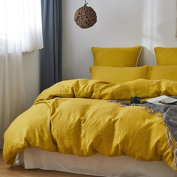 Simple&Opulence 100% Linen Duvet Cover Set 3pcs Basic Style Natural French Washed Flax Solid Color Soft Breathable Farmhouse Bedding with Button Closure - Mustard Yellow, King