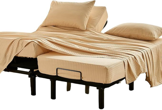 Kingnex Striped Split California King Sheets Sets for Adjustable Bed with Deep Pocket 5 Pieces Include 2 Cali Twin XL Fitted Sheets 1 Flat Sheet 2 King Size Pillowcases Beige