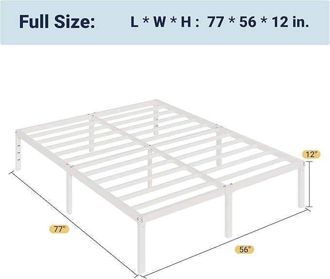 Allewie Full Size Bed Frame, 12 Inch Metal Platform Beds with Storage Space, No Box Spring Required and Easy Assembly, White
