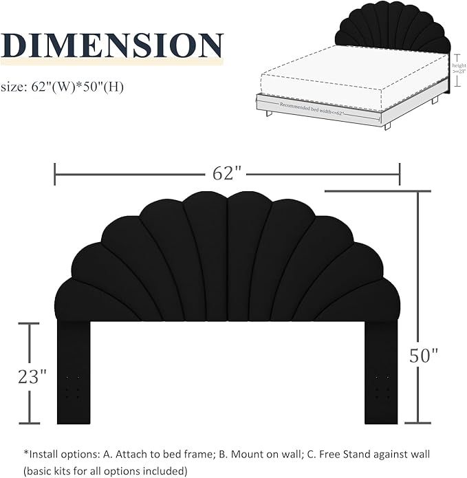 Befurtori Queen Size Headboard Only, Petal Wall Mount Headboard Queen/Full Size for Adjustable Bed Velvet Upholstered Head Board Easy Assembly, Black
