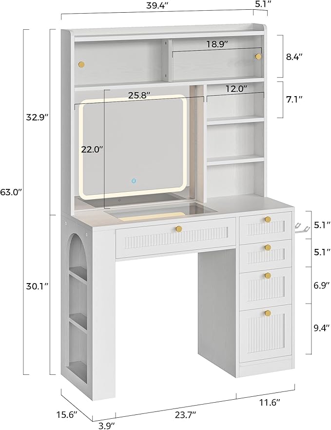 IRONCK Vanity Desk with LED Lighted Mirror, 3-Color Dimmable Makeup Vanity with Glass Top & Charging Station & Hair Dryer Holder, 4 Drawers & Open Shelves, 63" H Vanity for Bedroom, White