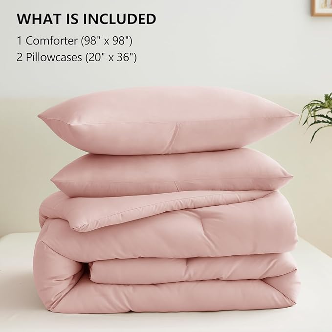 CozyLux Oversized Queen Comforter Set Blush Pink, 3 Pieces 98x98 Solid Breathable Quilted Bedding Sets All Season, Luxury Soft Lightweight Bed Set with Down Alternative Comforter and 2 Pillowcases