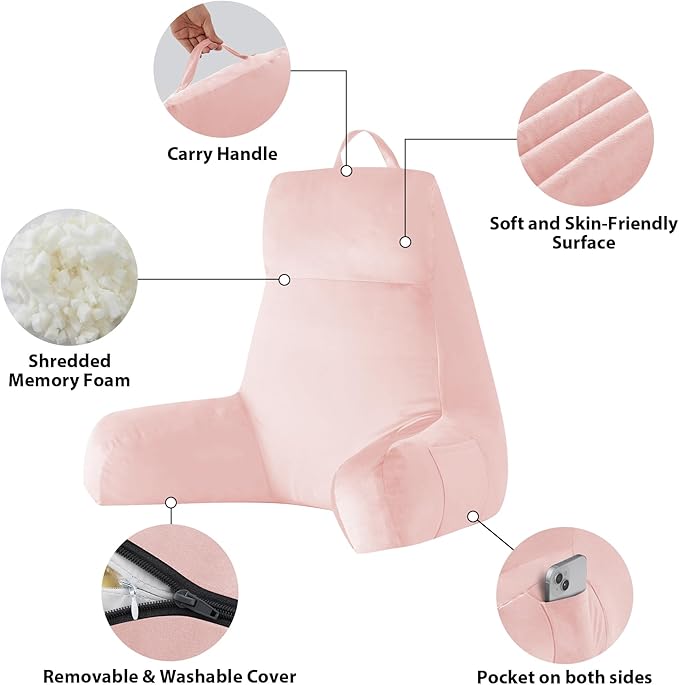 IPYNBAP Back Pillow for Bed Sitting up, Reading Pillow for Sitting in Bed Adult, Back Support Pillow, Memory Foam Sit up Lounge Backrest Pillow with Arms for TV, Couch, Chair, Dorm, 24 Inch, Pink