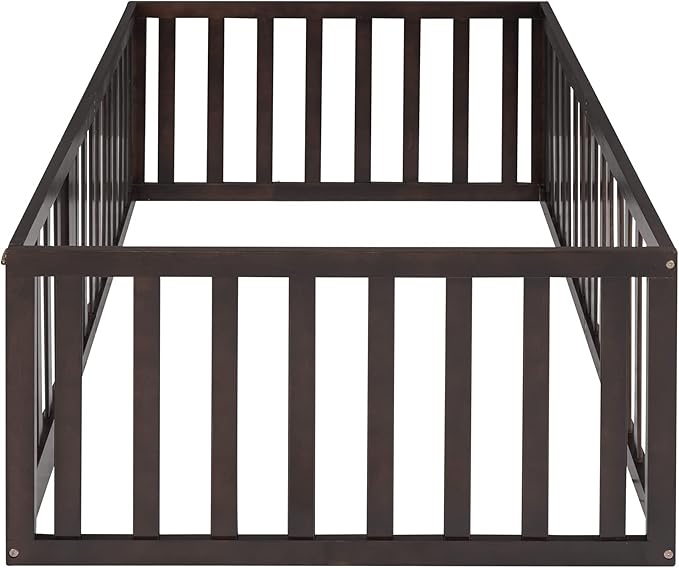 Bellemave Twin Size Montessori Floor Bed with 21.7" High Rails, Pine,Plywood Floor Bed with Small Door, Walnut