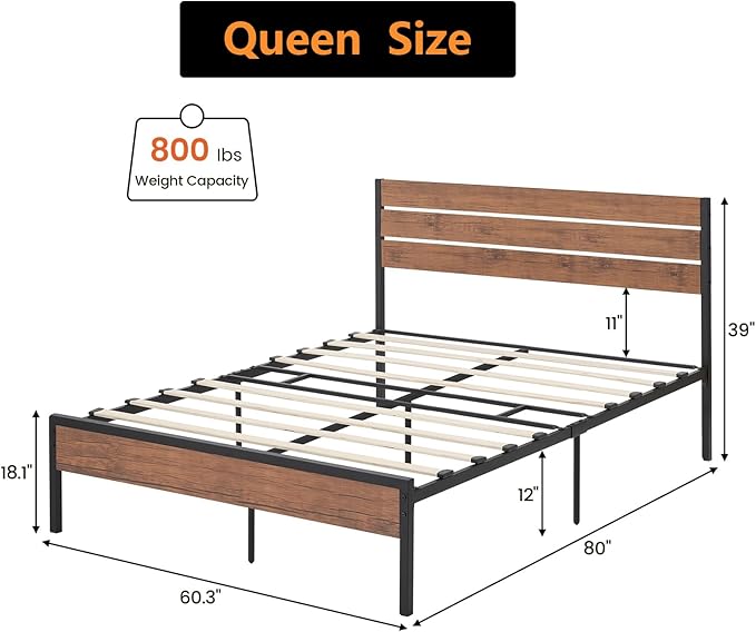 GarveeHome Queen Size Bed Frame with Wood Headboard, Strong Wood Slats Support, Under Bed Storage, Noise-Free, No Box Spring Needed