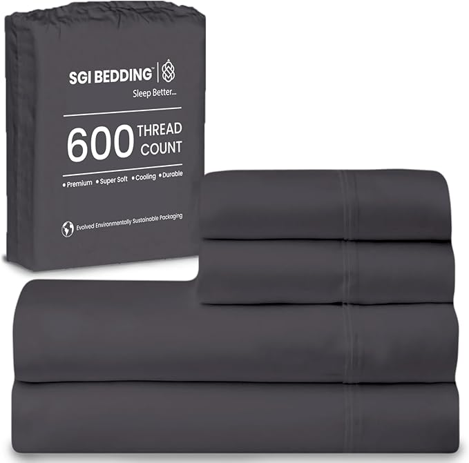 SGI bedding 100% Egyptian Cotton Sheets King Size – 600 Thread Count Sheets Set, Soft, Cooling, 15" Deep Pocket, Luxury Hotel Bedding, Breathable, Durable - Dark Gray