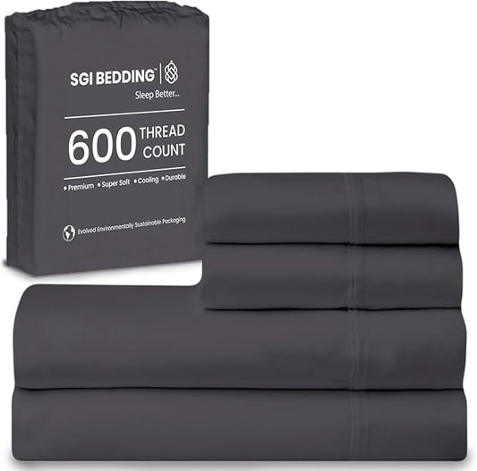 SGI bedding 100% Egyptian Cotton Sheets Queen Size – 600 Thread Count Sheets Set, Soft, Cooling, 15" Deep Pocket, Luxury Hotel Bedding, Breathable, Durable - Dark Gray