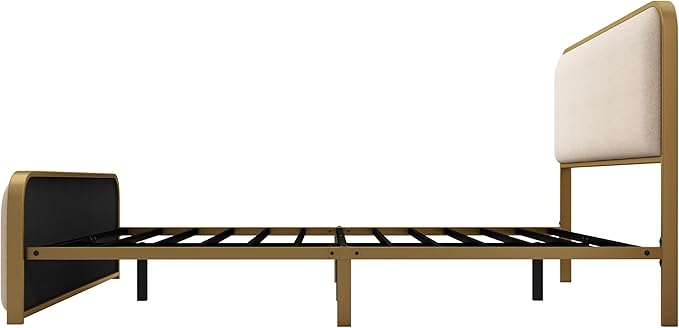 Merax Metal Platform Bed Queen Size with Curved Upholstered Headboard and Footboard, Queen Bed Frame with Storage Space Under Bed, Heavy Duty Metal Slats, No Box Spring Needed, Gold+Beige
