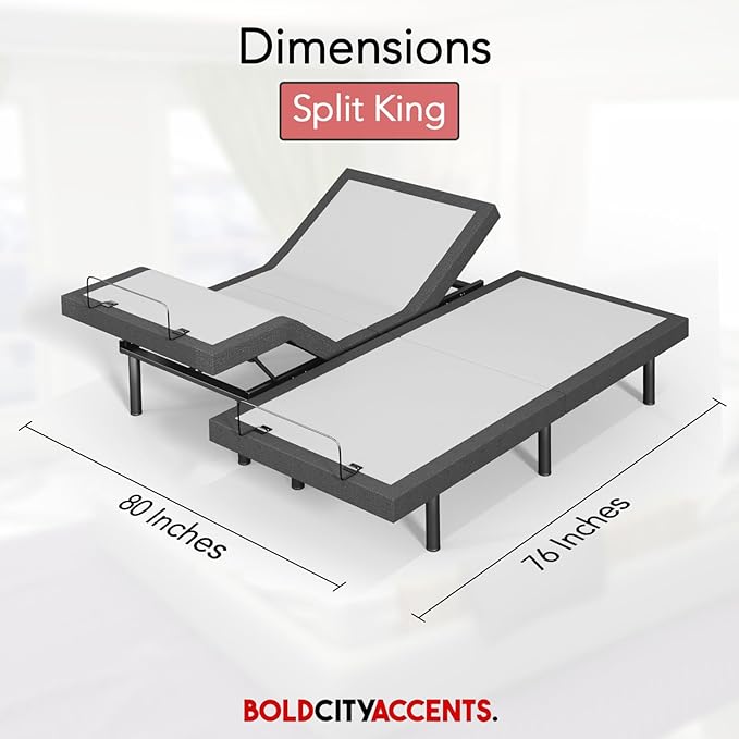 Adjustable Bed Frame with Wireless Remote - Comfortable Zero Gravity Massage with Head & Foot Incline, Dual USB Charge & Under-Bed Nightlights - Powder Coated Split King adjustable Base