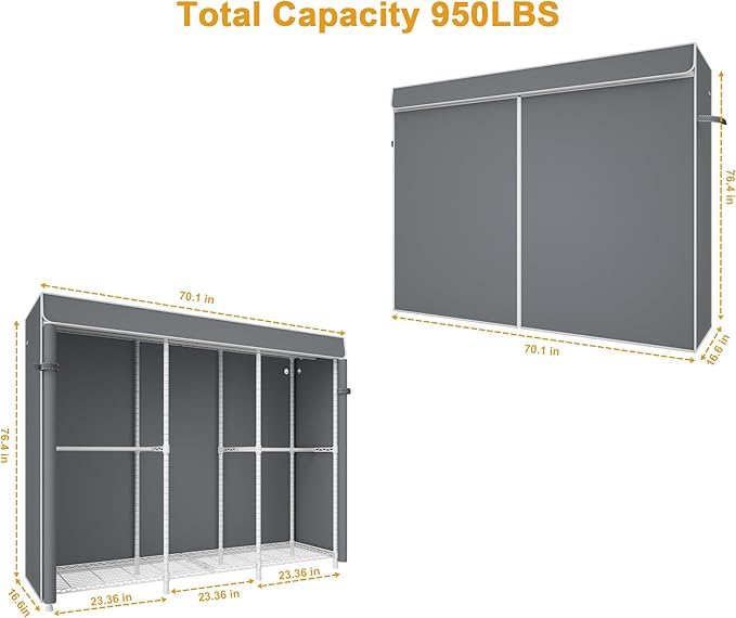 ULIFHOME E14C Pro Heavy Duty Closet Organizer System，Freestanding Clothing Racks for Hanging Clothes，Adjustable Garment Rack 70.1"W × 16.6"D × 76.4"H Hold 960 lbs，White Rack with Grey Dustproof Cover