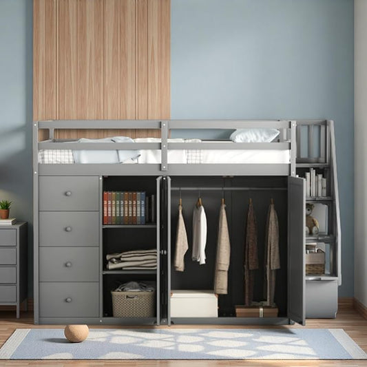 LUMISOL Full Size Loft Bed with Built-in Wardrobes and Drawers, Wood Loft Bed with Storage Stairs and Cabinet, Wood Loft Bed with Multiple Storage, Gray