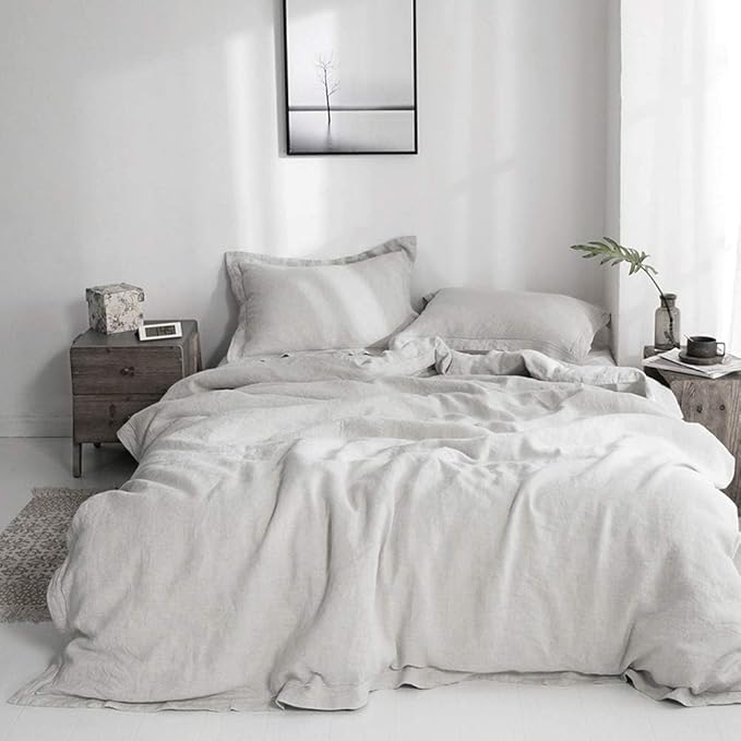 Simple&Opulence 100% Linen Duvet Cover Set with Embroidery Border Washed - 3 Pieces (1 Duvet Cover with 2 Pillow Shams) with Button Closure Soft Breathable Farmhouse - Light Grey, Queen Size
