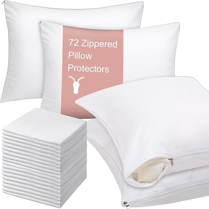 Shimeyao 72 Pcs 20 x 30 Inch Zippered Pillow Protectors Bulk Standard Bedding Pillow Cases Soft Breathable Cotton Sateen Dust Protection Covers White Cases for Home Hotel Rental