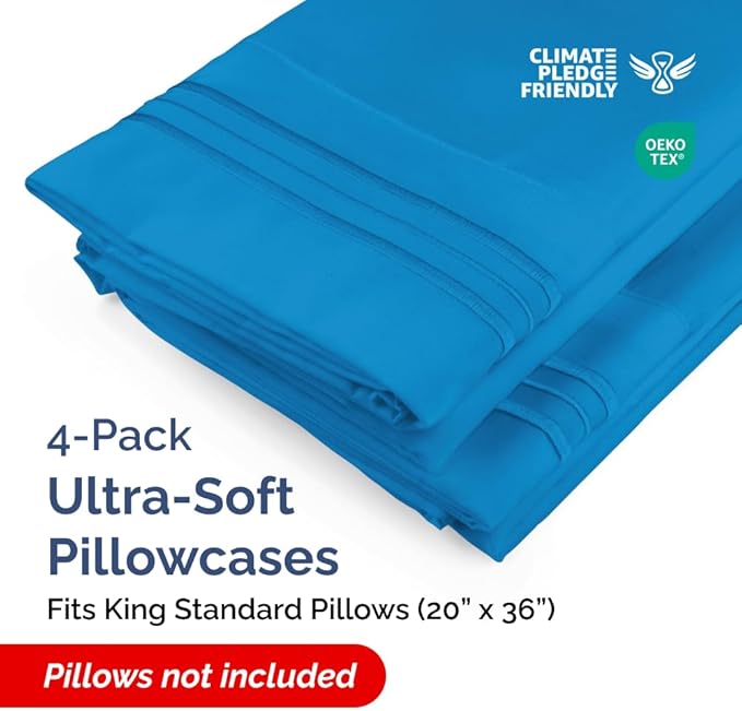 King Standard Pillow Cases Set of 4 - Soft Hotel Quality Pillowcase Covers - Comfy Bedding for Women, Men, Kids & Teens - Machine Washable Pillow Protectors - 4 Piece Set - King Standard Royal Blue