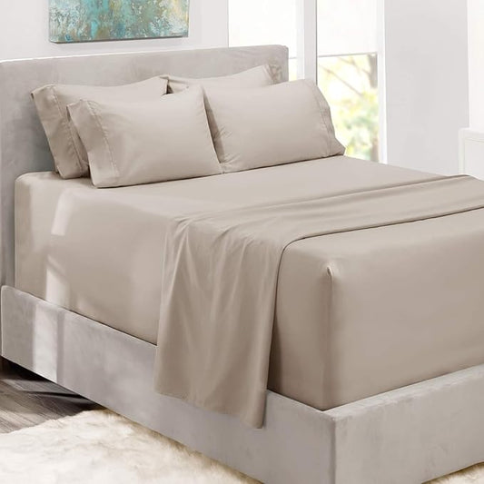 Hearth & Harbor Bed Sheets, Luxury Soft 6 Piece Bed Sheet Set Extra Deep Pocket Fitted Sheets Fits Mattress up to 21", Double Brushed Bedding Sheets & Pillowcases, Twin XL, Natrual Linen