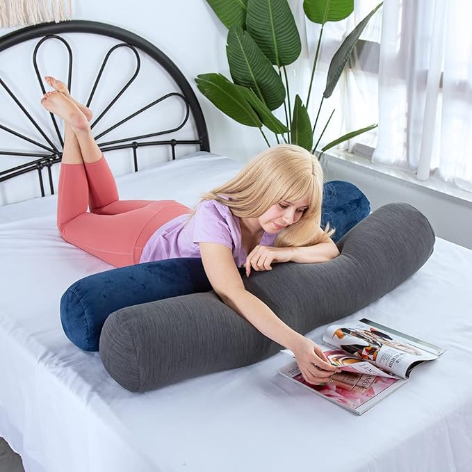 1 MIDDLE ONE Body Pillow for Adults, Bolster Pillow with Removable Velvet Cover, Long Round Cervical Roll Pillow, 47" x 7.87", Blue