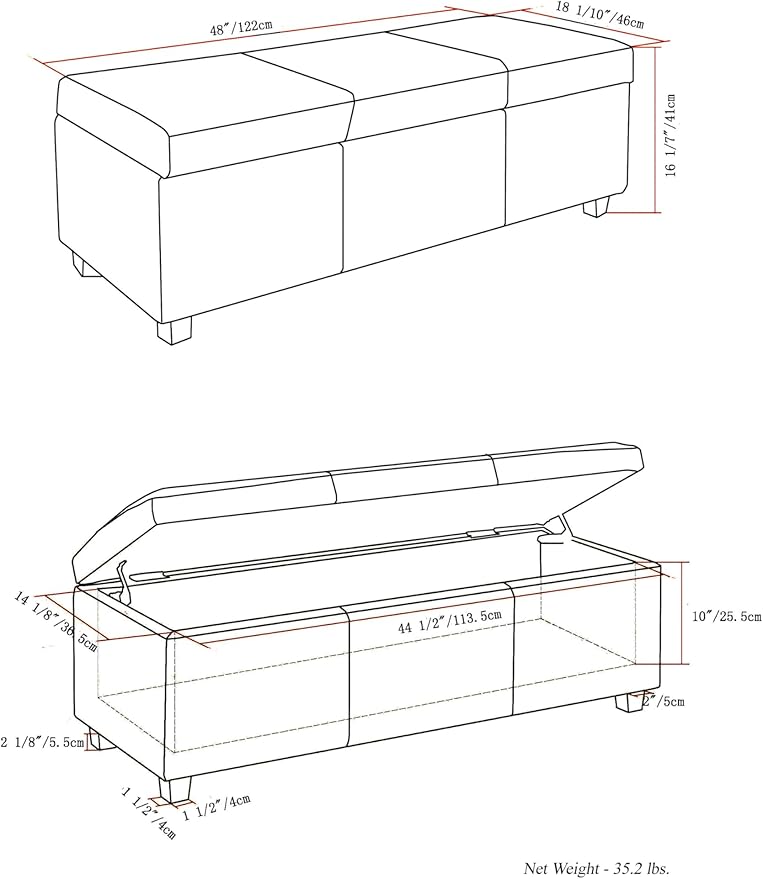 SIMPLIHOME Avalon Storage Ottoman Bench - 48" Wide x 16" High Upholstered Vegan Leather Rectangular Lift-Top Ottoman in Satin Cream, Contemporary Storage Bench for Living Room with High-Density Foam
