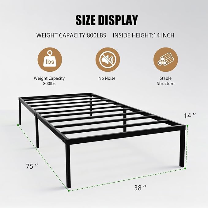 Heavy Duty Metal Bed Frame Twin Size 38" W 75" L 14" H inch with Storage Mattress Foundation Steel Slats Platform Easy Assembly Black