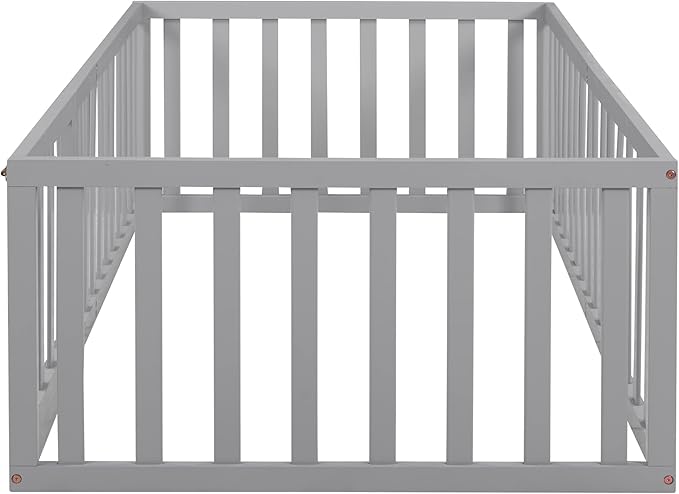 Bellemave Twin Size Montessori Floor Bed with 21.7" High Rails, Pine,Plywood Floor Bed with Small Door, Grey