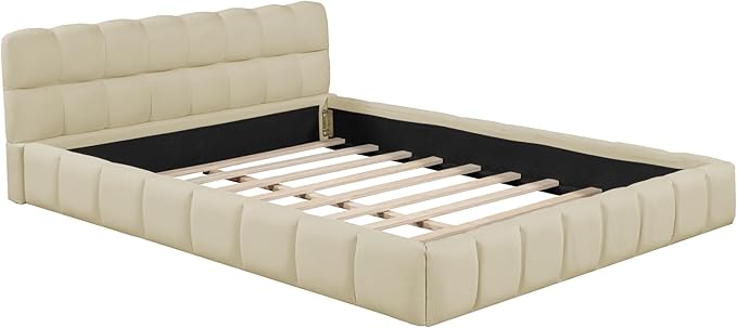 Merax Modern Queen Upholstered Bed Frame with Wingback, Linen Low Plattform Bed, No Box Spring Needed Beige