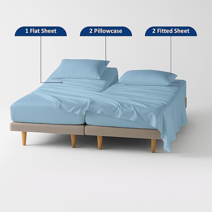 Split Cal King Sheets- Split California King Sheets Sets for Adjustable Bed- 5 Pcs Set- Split Cal King Sheets for Sleep Number Bed- 16 Inch Deep Pocket Adjustable Bed Sheets (Light Blue Solid)