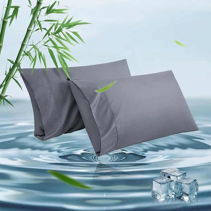 Standard Pillowcases, Cooling Viscose from Bamboo Pillow Covers with Envelope Closure, Soft Moisture-Wicking for Hot Sleepers, Hair and Skin-Friendly, Gray, 2 Pack