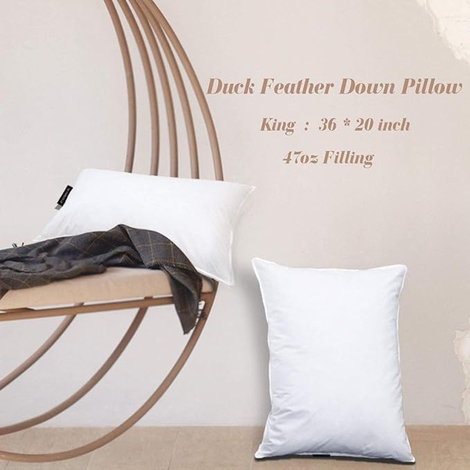 JA COMFORTS Duck Feather Down Bed Pillows for Sleeping(2 Packs)-King(20IN×36IN),High Filling Weight,600 Thread Count,Double-Layer Downproof Fabric Design,10% Duck Down,Cotton Cover,White