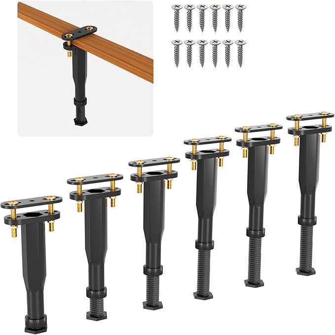 Yuleimy Adjustable Bed Center Support Legs (7.7"-13.3"), 3-in-1 Clamp-On (No Drill) & Screw-In Bed Slats Support, Heavy Duty Rust-Proof Polymer Replacement Legs for Queen King Metal/Wood Frame, 6 Pack